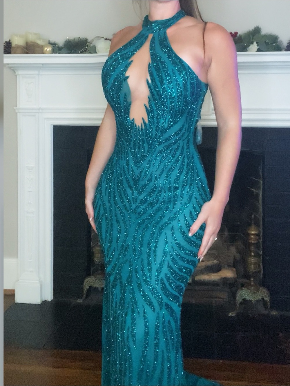 Heavily beaded teal prom dress, formal dress or pageant evening gown